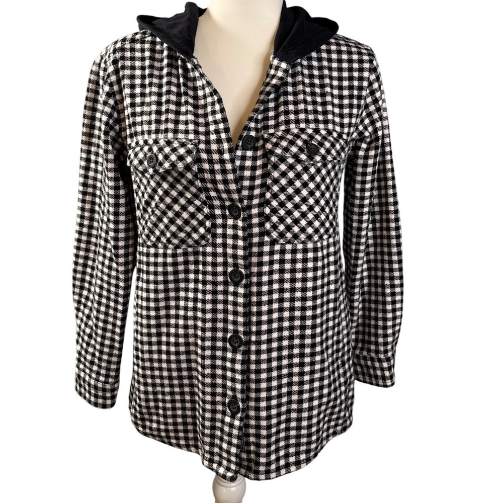 EDDIE BAUER Black White Plaid Hooded Button‎ Down Jacket Women's XS NWOT - Picture 2 of 15